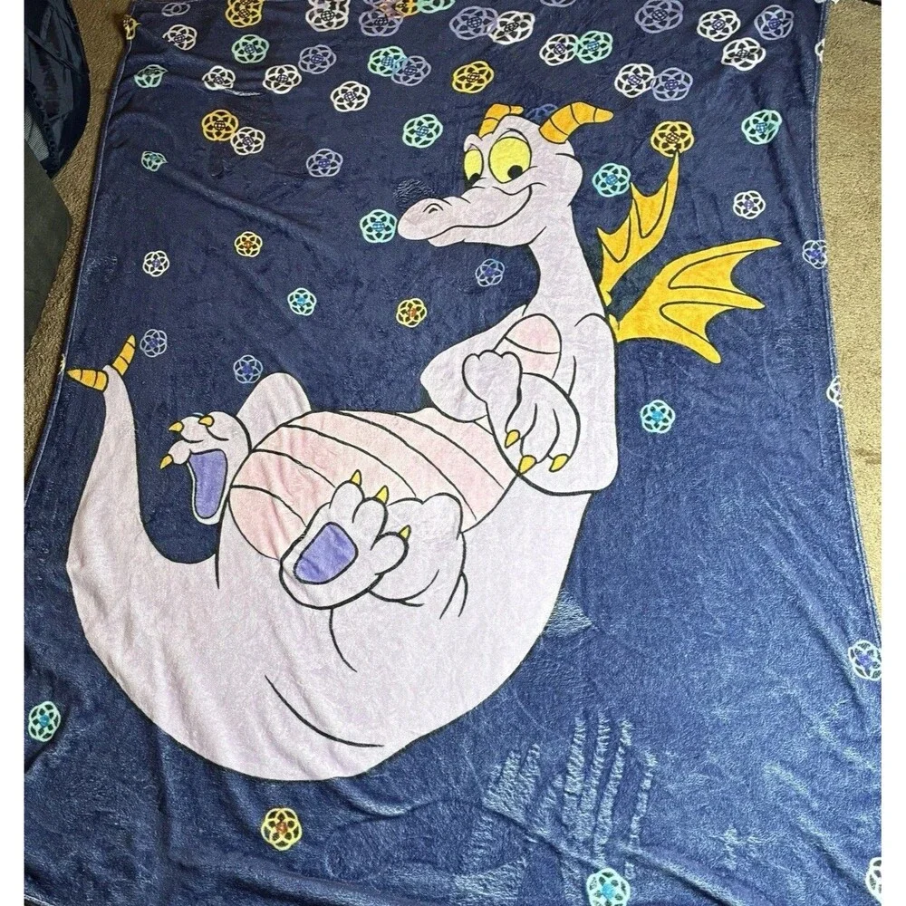 Disney Parks Figment Purple Dragon Print Soft Fleece Throw Blanket 80”x60” Rare